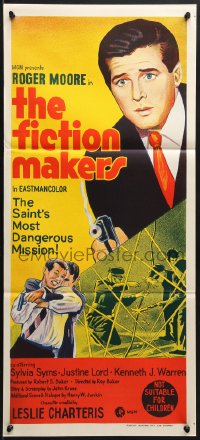 7j343 FICTION MAKERS Aust daybill 1970 artwork of Roger Moore as Leslie Charteris' The Saint!
