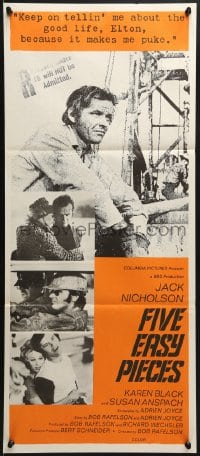 7j348 FIVE EASY PIECES Aust daybill 1970 close up of Jack Nicholson, directed by Bob Rafelson!
