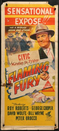 7j350 FLAMING FURY Aust daybill 1949 from Arson Bureau files, cool artwork of firefighters & detectives!