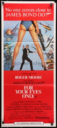 7j360 FOR YOUR EYES ONLY Aust daybill 1981 Roger Moore as James Bond, art by Brian Bysouth!