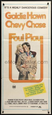 7j366 FOUL PLAY Aust daybill 1978 wacky Lettick art of Goldie Hawn & Chevy Chase, screwball comedy!