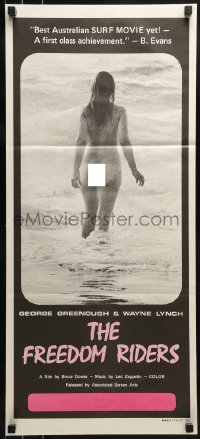7j372 FREEDOM RIDERS Aust daybill 1972 completely naked Aussie surfer girl, black border design!