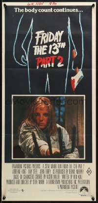 7j382 FRIDAY THE 13th PART II Aust daybill 1981 Amy Steel with pitchfork in slasher horror sequel!