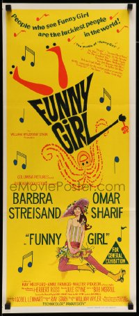 7j385 FUNNY GIRL Aust daybill 1969 hand litho of Barbra Streisand, directed by William Wyler!