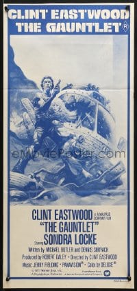 7j392 GAUNTLET Aust daybill 1977 great art of Clint Eastwood & Sondra Locke by Frank Frazetta!
