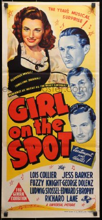 7j400 GIRL ON THE SPOT Aust daybill 1946 film noir musical, smiling Lois Collier, Jess Barker!