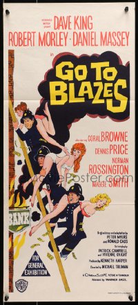 7j404 GO TO BLAZES Aust daybill 1962 Michael Truman, wacky art of firemen rescuing sexy women!