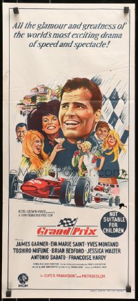 7j415 GRAND PRIX Aust daybill 1967 Formula One race car driver James Garner, art!