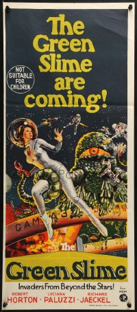 7j421 GREEN SLIME Aust daybill 1968 classic cheesy sci-fi, cool art of sexy astronaut & monster!