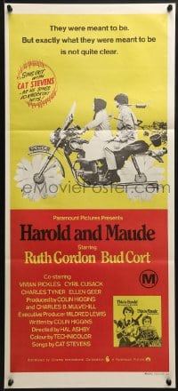 7j439 HAROLD & MAUDE Aust daybill 1971 Ruth Gordon, Bud Cort is equipped to deal w/life!