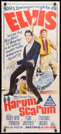 7j442 HARUM SCARUM Aust daybill 1965 rockin' Elvis Presley & Mary Ann Mobley in a swingin' spoof!