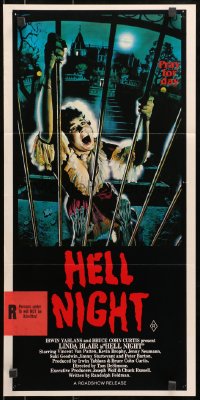 7j449 HELL NIGHT Aust daybill 1983 artwork of Linda Blair trying to escape haunted house by Jarvis!