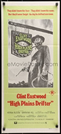 7j454 HIGH PLAINS DRIFTER Aust daybill 1973 classic art of Clint Eastwood holding gun & whip!