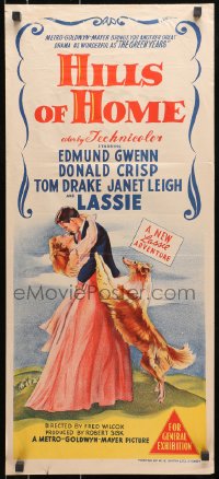 7j456 HILLS OF HOME Aust daybill 1948 artwork of Lassie the dog, Janet Leigh & Edmund Gwenn!