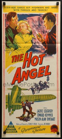 7j467 HOT ANGEL Aust daybill 1958 Richardson Studio artwork of teenage hot rod rebel gangs!