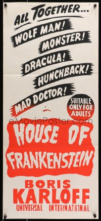 7j471 HOUSE OF FRANKENSTEIN Aust daybill R1960s Strange as the monster, Verdugo, different design!