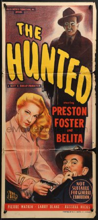 7j476 HUNTED Aust daybill 1948 art of Preston Foster & sexy Belita with gun!