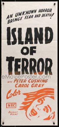 7j493 ISLAND OF TERROR Aust daybill 1971 Peter Cushing, Carole Gray, art of sexy girl in peril!
