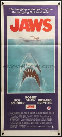 7j497 JAWS Aust daybill 1975 art of Spielberg's classic man-eating shark attacking sexy swimmer!