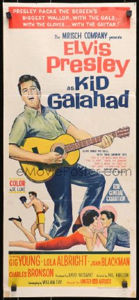 7j516 KID GALAHAD Aust daybill 1962 art of Elvis Presley singing with guitar, boxing & romancing!