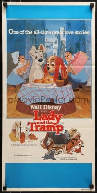 7j531 LADY & THE TRAMP Aust daybill R1980 Walt Disney romantic canine dog classic cartoon!