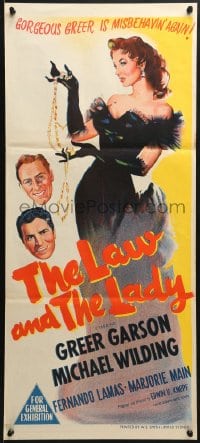 7j540 LAW & THE LADY Aust daybill 1951 full-length art of sexiest Greer Garson in all black gown!