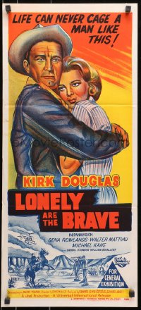 7j549 LONELY ARE THE BRAVE Aust daybill 1962 Kirk Douglas classic, life can never cage him!