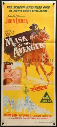 7j581 MASK OF THE AVENGER Aust daybill 1951 John Derek, Quinn, Monte Cristo lives, fights, loves again