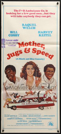 7j608 MOTHER, JUGS & SPEED Aust daybill 1976 art of sexy Raquel Welch, Bill Cosby & Harvey Keitel!