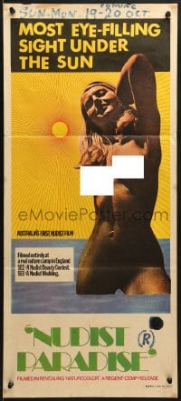 7j628 NATURE'S PARADISE Aust daybill 1970s nudist colony, great artwork of sexy topless woman, rare!