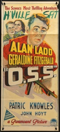 7j638 O.S.S. Aust daybill 1946 cool Richardson Studio hand litho of Alan Ladd with machine gun!