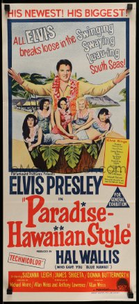 7j664 PARADISE - HAWAIIAN STYLE Aust daybill 1966 art of Elvis Presley& beach babes!