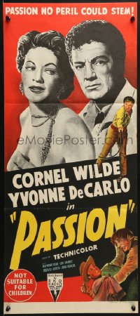 7j671 PASSION Aust daybill 1954 Cornel Wilde, Yvonne De Carlo, Lon Chaney Jr, early California!