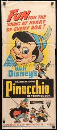 7j684 PINOCCHIO Aust daybill R1950s Disney's classic cartoon wooden boy who wants to be real!