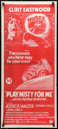 7j687 PLAY MISTY FOR ME Aust daybill 1972 Clint Eastwood, Jessica Walter, red subsequent printing!