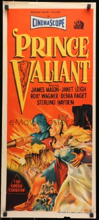7j695 PRINCE VALIANT Aust daybill 1954 artwork of Robert Wagner in armor saving sexy Janet Leigh!
