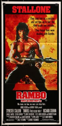 7j705 RAMBO FIRST BLOOD PART II Aust daybill 1985 no man, no law, no war can stop Stallone!