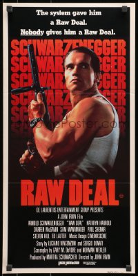 7j707 RAW DEAL Aust daybill 1986 great close up of tough guy Arnold Schwarzenegger with gun!