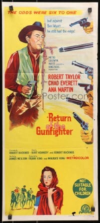 7j715 RETURN OF THE GUNFIGHTER Aust daybill 1967 cowboy Robert Taylor has six guns pointed at him!