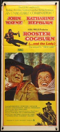 7j734 ROOSTER COGBURN Aust daybill 1975 great art of John Wayne with eyepatch & Katharine Hepburn!