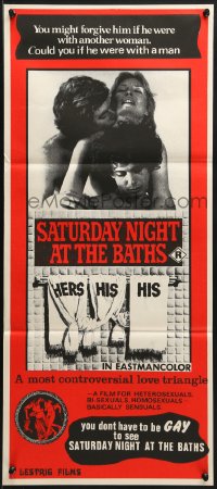 7j747 SATURDAY NIGHT AT THE BATHS Aust daybill 1975 David Buckley bi-sexual love triangle!