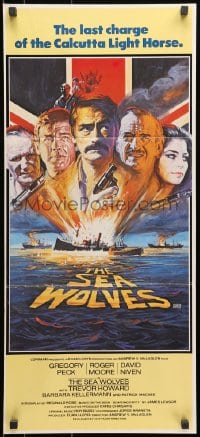 7j754 SEA WOLVES Aust daybill 1980 cool Putzu art of Gregory Peck, Roger Moore & David Niven!