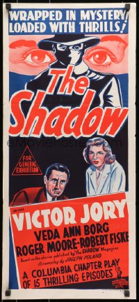7j758 SHADOW Aust daybill R1950s serial wrapped in mystery & loaded with thrills, great art!