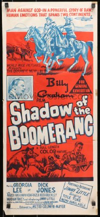 7j759 SHADOW OF THE BOOMERANG Aust daybill 1961 man against God, featuring Billy Graham, ultra-rare!