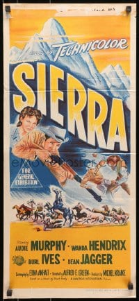 7j772 SIERRA Aust daybill 1951 art of cowboy Audie Murphy w/pretty Wanda Hendrix in western action!