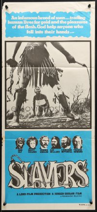 7j779 SLAVERS Aust daybill 1978 Ron Ely, Britt Ekland, cool image of native w/whip & chains!