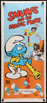 7j787 SMURFS & THE MAGIC FLUTE Aust daybill 1980 feature cartoon, great Peyo art!
