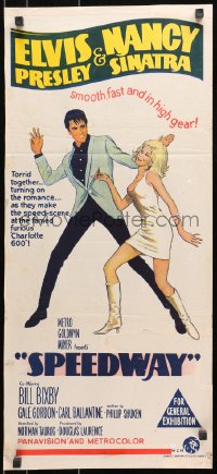 7j801 SPEEDWAY Aust daybill 1968 art of Elvis Presley dancing with sexy Nancy Sinatra in boots!
