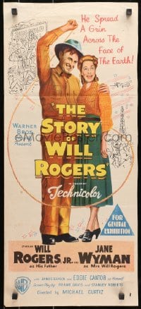 7j821 STORY OF WILL ROGERS Aust daybill 1953 Will Rogers Jr. as his father, Jane Wyman, cool art!