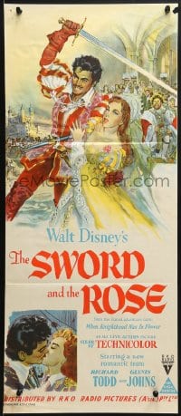 7j835 SWORD & THE ROSE Aust daybill 1953 Walt Disney, art of Richard Todd swinging sword & Johns!